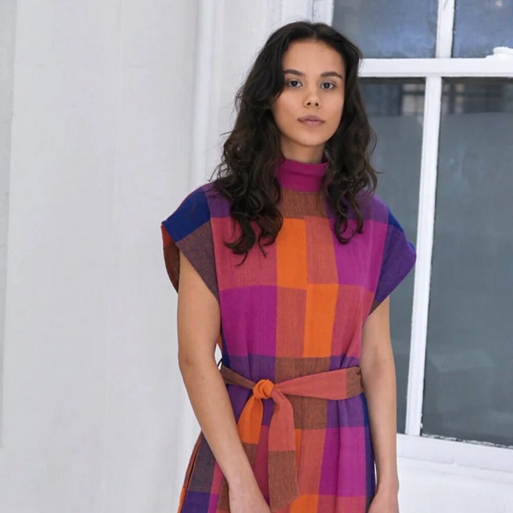 Rujuta Sheth Comfy Jumper Jumpsuit Purple Orange Aurora Chex Plaid Medium NWT - Picture 2 of 4